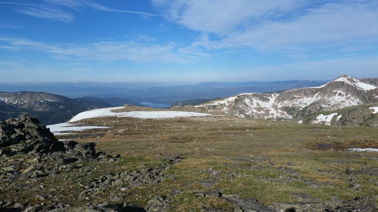 Looking east from Flattop Mountain. That’s Grand Lake in the distance, the goal. Once I dropped down this west side of the Continental Divide, I would be committing to a return ascent no matter the weather or how tired I got. A little daunting! I had to summon my confidence.