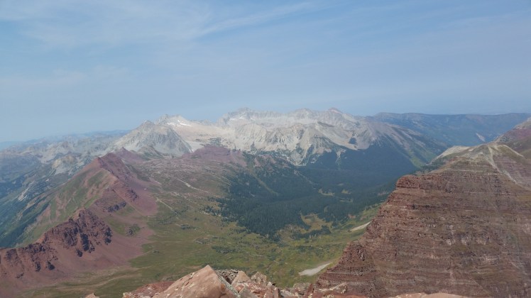 From the summit of North Maroon (Maroon Bells), Snowmass Mountain (left) and Capitol Peak (right), Elks